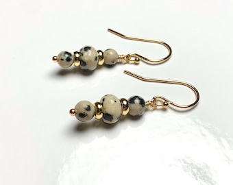 Dalmatian Jasper Drop Earrings – Speckled Stone Dangle Earrings in Gold or Silver