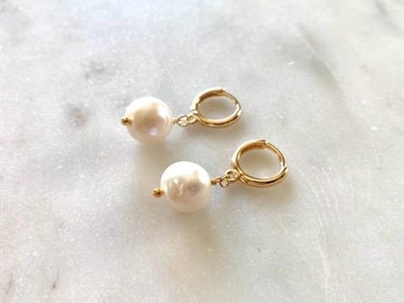 Freshwater Pearl Huggie Hoop Earrings – 10mm Natural Pearls – Gold Plated Hoop Earrings Gift