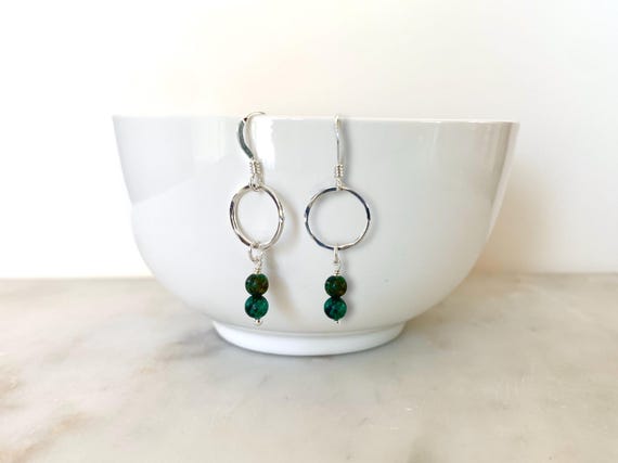 African Turquoise Hammered Circle Earrings – Smooth Gemstone Dangles – 14k Gold Filled or Sterling Silver Jewelry