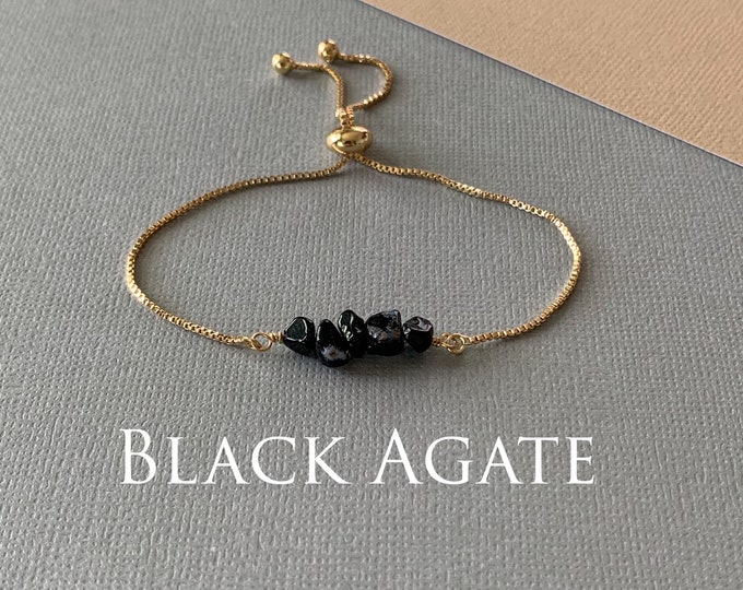 Gemstone Bead Bracelet, BLACK AGATE Genuine Gemstone Adjustable Bracelet