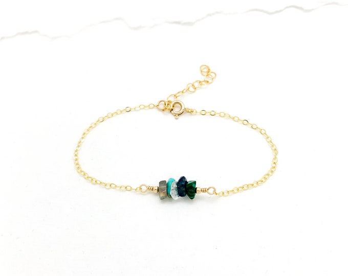 MIXED GEMSTONE 14k Gold Filled Bead Bracelet, Multicolor,  Rainbow Colors, Genuine Gemstone Adjustable Bracelet