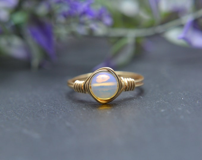 Opal Wire Gemstone Ring, October Birthstone Ring, Opalite Crystal Ring, Silver, Gold, Rose Gold Ring, Birthstone, Wire Ring, Stacking Ring