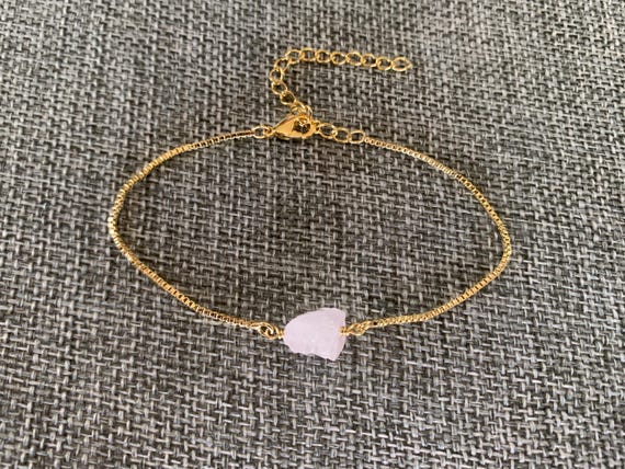 Rose Quartz Box Chain Bracelet – October Birthstone – Adjustable Raw Gemstone Bracelet