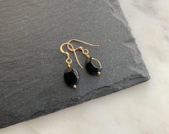 Black Onyx Oval Dangle Earrings – 14k Gold Filled or Sterling Silver – Minimalist Gemstone Jewelry