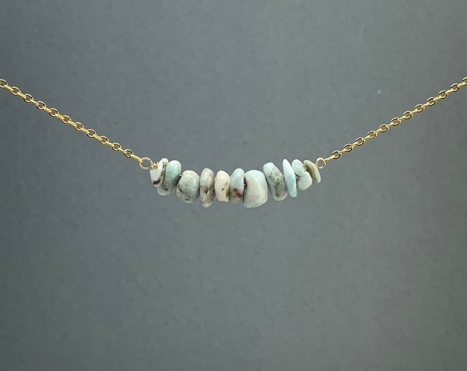 Raw Larimar Gemstone Necklaces, Raw Larimar Crystal Choker, Gemstone Bar Necklace, Genuine Simple Stone Necklace, Rose Gold, Raw Moonstone