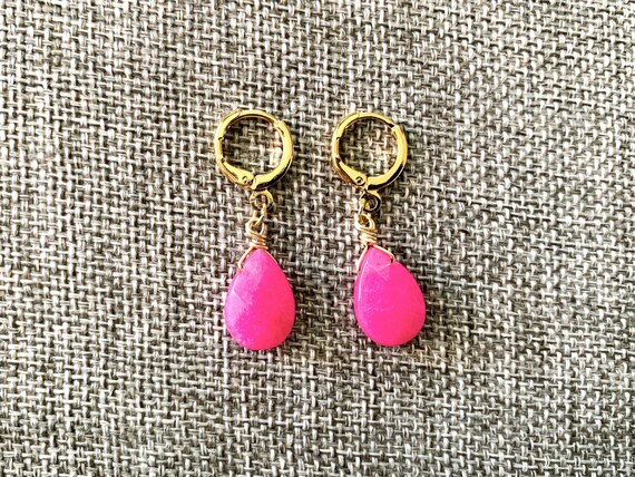 Hot Pink Jade Huggie Hoop Earrings – Gold Leverback Lab-Created Gemstone Jewelry