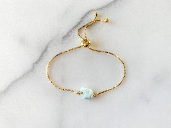 Aquamarine Bracelet – Raw Gemstone Beaded Adjustable Bracelet – March Birthstone Gift