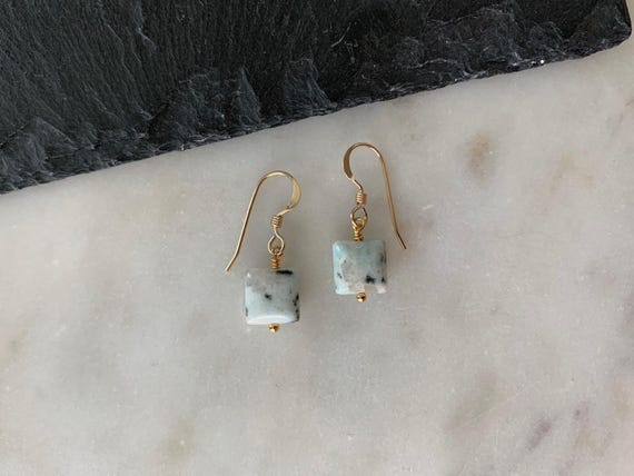 Kiwi Jasper Dangle Earrings – Square Gemstone Earrings in 14k Gold Filled or Sterling Silver