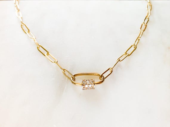 Gold Carabiner Clasp Necklace – Paperclip Chain with CZ Screw Lock Pendant