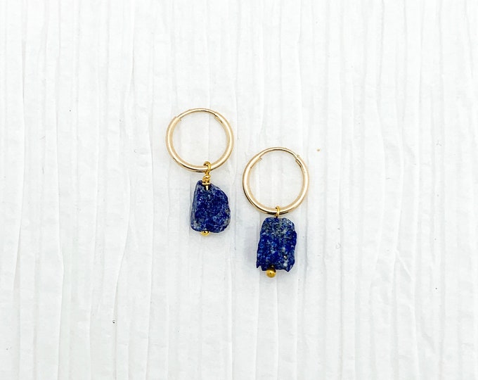 RAW LAPIS LAZULI 14k Gold Filled Endless Hoop Earrings, Dainty Hoop Dangle Earrings