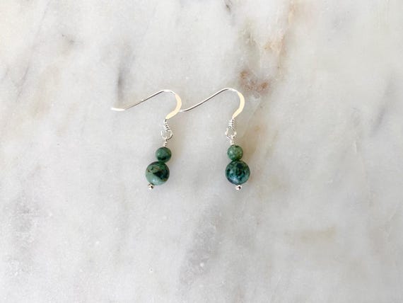 African Turquoise Earrings – Two Stone Stacked Gemstone Dangles in 14k Gold Filled or Sterling Silver – Minimalist Jewelry