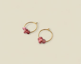 PINK TOURMALINE Chip Small Hoop Earrings, 14k Gold Filled, Rose Gold Filled, or Sterling Silver Tiny Hoop Earrings With Genuine Gemstones