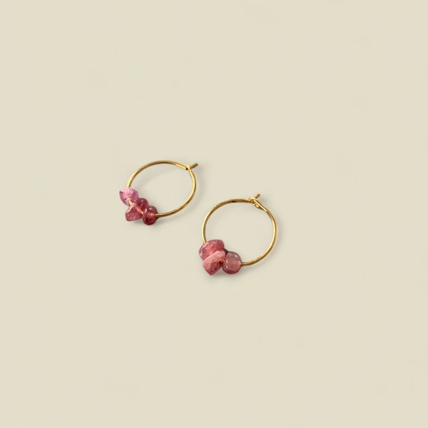 PINK TOURMALINE Chip Small Hoop Earrings, 14k Gold Filled, Rose Gold Filled, or Sterling Silver Tiny Hoop Earrings With Genuine Gemstones