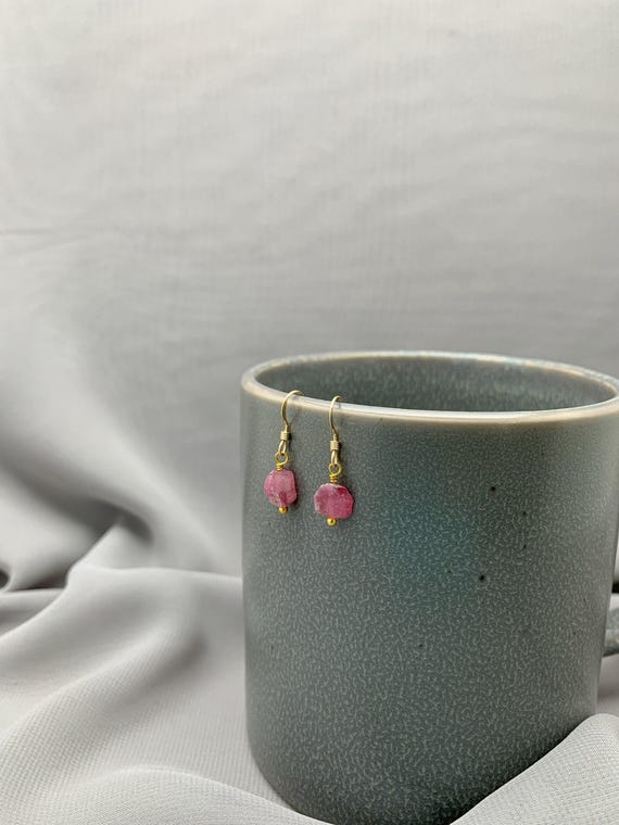 Raw Pink Tourmaline Earrings – Rough Crystal Dangles in 14k Gold Filled or Sterling Silver