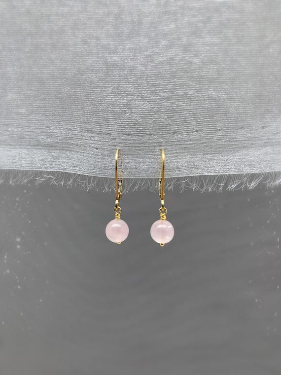 Rose Quartz Dainty Gemstone Drop Leverback Earrings – 14k Gold Filled or Sterling Silver – Elegant Pink Dangle Earrings
