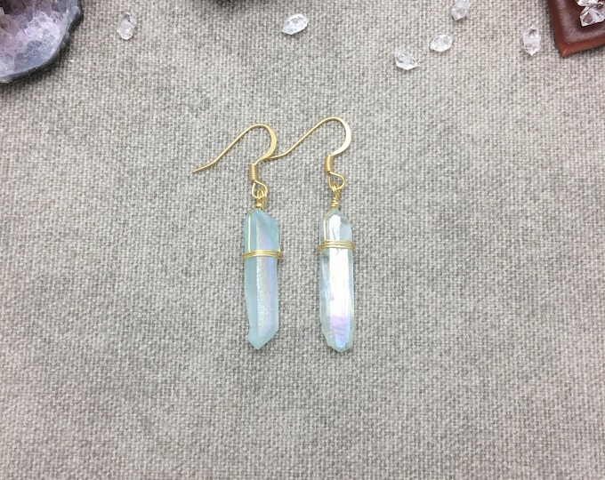 Blue Quartz Crystal Point Earrings Rainbow Quartz Earrings Silver 14k Gold Filled Rose Gold Filled Quartz Crystal Earrings