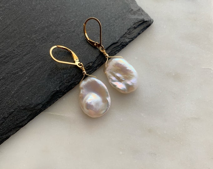 PEARL Lever back Earrings, Large Keshi Pearl White Freshwater Earrings, Baroque Pearl Earrings, Summer Jewelry, Anniversary Gift for Wife