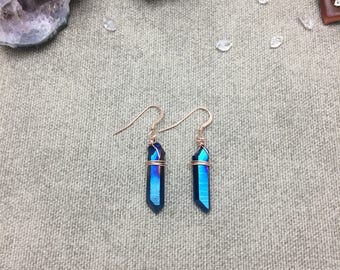 Blue Titanium Quartz Crystal Point Earrings, Quartz Crystal Point Earrings, Raw Crystal Earrings