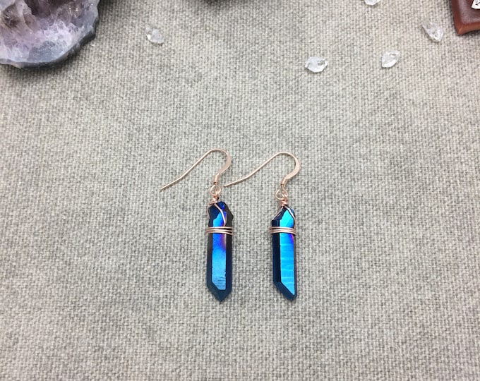 Blue Titanium Quartz Crystal Point Earrings, Quartz Crystal Point Earrings, Raw Crystal Earrings