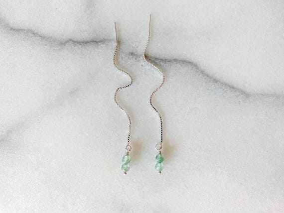 Green Aventurine Threader Earrings – Faceted Two Stone Stack – Sterling Silver or 14k Gold Filled Box Chain Pull Through Earrings