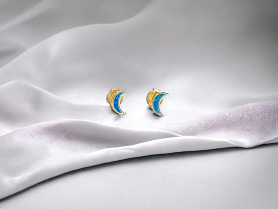 Blue Opal Moon Stud Earrings – Dainty Celestial Jewelry – Gold Plated Sterling Silver Everyday Studs