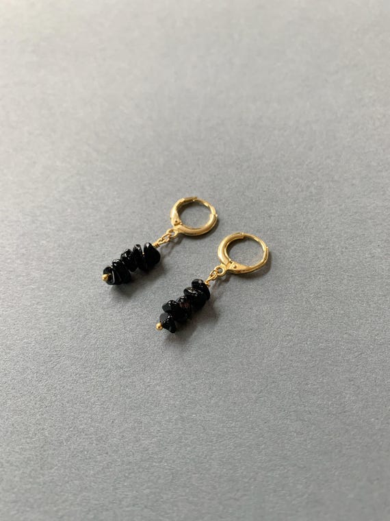 Black Agate Chip Huggie Hoop Earrings – Gold Plated Sterling Silver Dangle Hoops