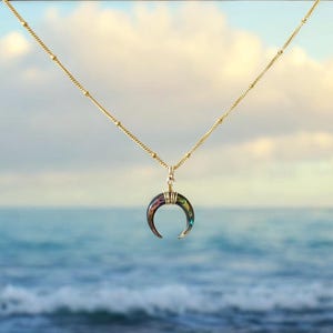 Abalone Shell Crescent Necklace – Double Horn Pendant in 14k Gold Filled or Sterling Silver