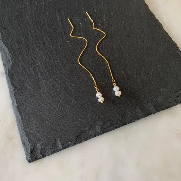 TWO PEARL Threader Earrings, Raw Gemstone Threader Earrings in Gold or Sterling Silver
