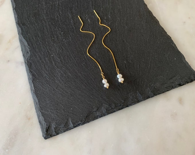 TWO PEARL Threader Earrings, Raw Gemstone Threader Earrings in Gold or Sterling Silver