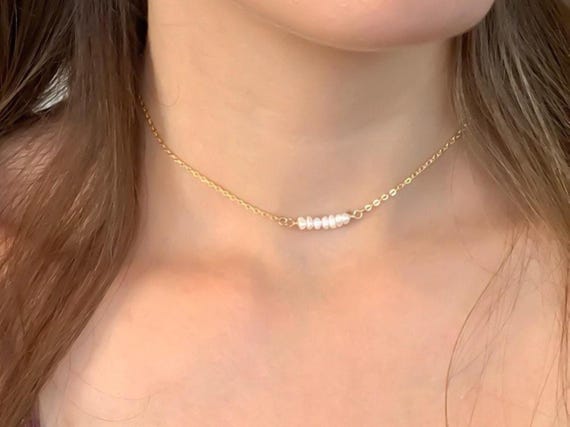 Tiny Freshwater Pearl Necklace – Dainty Pearl Bead Bar Necklace – Minimalist Choker Jewelry