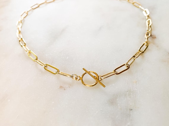 Gold Paperclip Chain Necklace – 14k Plated Chain with Toggle Clasp – Minimalist Layering Jewelry