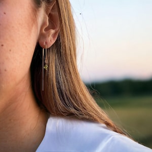Peridot Threader Earrings – Green Gemstone Pull Through Box Chain in 14k Gold Filled or Sterling Silver – August Birthstone Jewelry