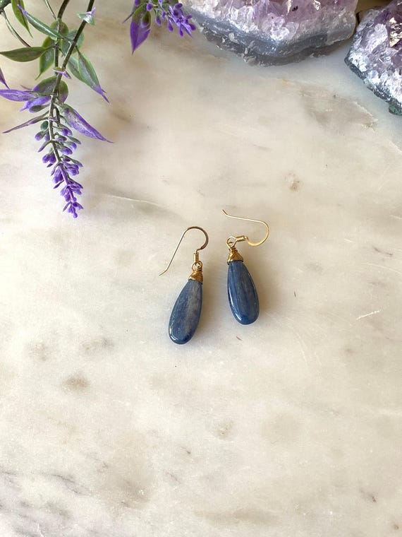 Raw Kyanite Earrings – Teardrop Gemstone Dangles in 14k Gold Filled or Sterling Silver Leverbacks
