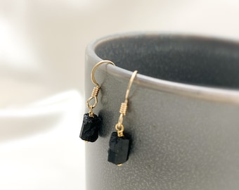 RAW BLACK TOURMALINE Earrings,14k Gold Filled, Rose Gold Filled, or Sterling Silver, Rough Gemstone Earrings, Dangle Earrings