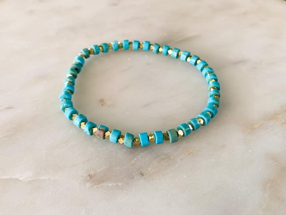 Turquoise Heishi Bead Bracelet – 18k Gold Nugget Accents – Southwest Boho Stacking Jewelry