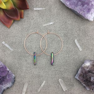 Rainbow Titanium Quartz Crystal Hoop Earrings, Raw Quartz Point Earrings, Rose Gold Earrings, Rose Gold Hoops image 4