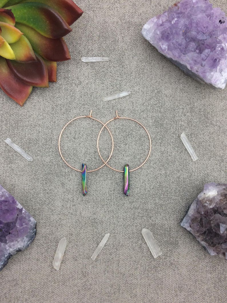 Rainbow Titanium Quartz Crystal Hoop Earrings, Raw Quartz Point Earrings, Rose Gold Earrings, Rose Gold Hoops image 4