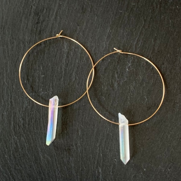 Angel Aura Quartz Crystal Hoop Earrings, Raw Quartz Point Earrings, Angel Aura Quartz Earrings, AB Clear Quartz Point Earrings