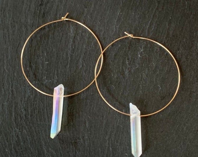 Angel Aura Quartz Crystal Hoop Earrings, Raw Quartz Point Earrings, Angel Aura Quartz Earrings, AB Clear Quartz Point Earrings