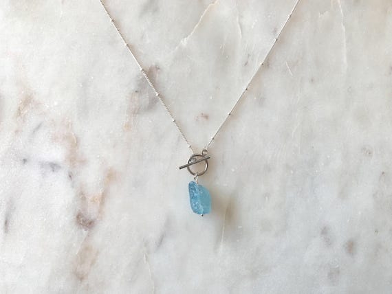 Raw Aquamarine Pendant Necklace – Toggle Clasp Nugget Necklace – March Birthstone Jewelry