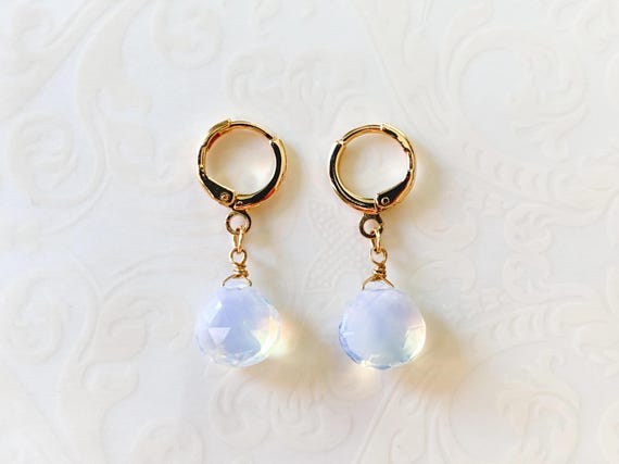 Opalite Heart Briolette Huggie Hoop Earrings – Gold Leverback Gemstone Dangle Jewelry
