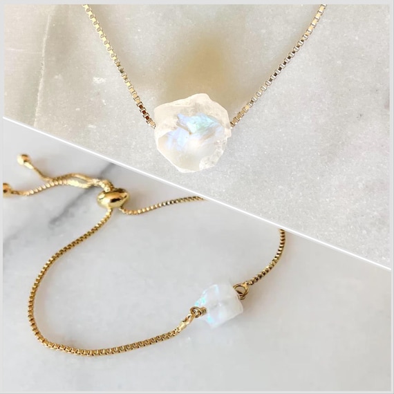 Rainbow Moonstone Jewelry Set – Raw Necklace & Bracelet 2-Piece Gift Set in 14k Gold Filled or Sterling Silver
