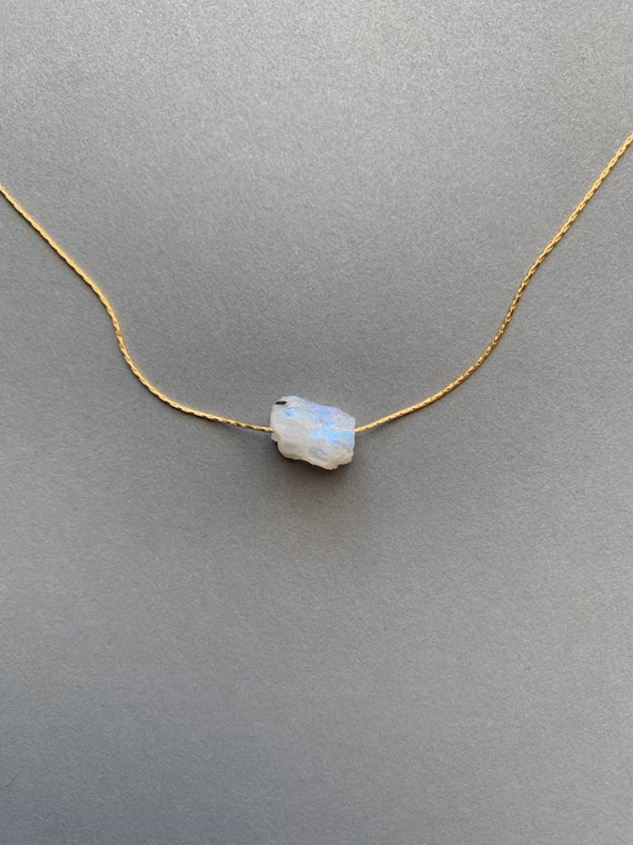 Raw Rainbow Moonstone Necklace – Rough Crystal Pendant on Gold Filled or Sterling Silver Chain
