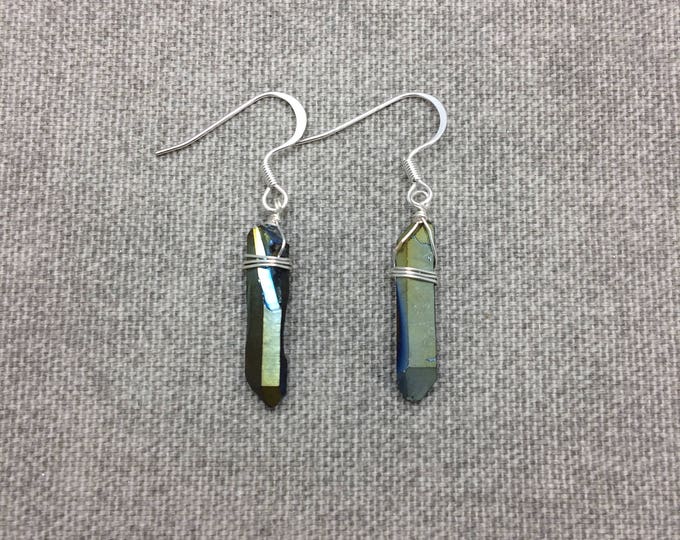 Blue and Green Titanium Quartz Crystal Point Earrings, Quartz Crystal Point Earrings, Raw Crystal Earrings