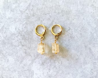 Aros de citrino con forma de cilindro – Joyas de oro con cierre de palanca y gemas colgantes
