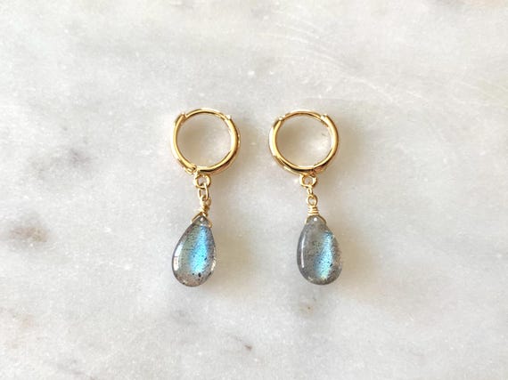 Labradorite Teardrop Huggie Earrings – 14k Gold Plated Hoop Earrings with Labradorite Drops – Minimalist Gemstone Jewelry for Her