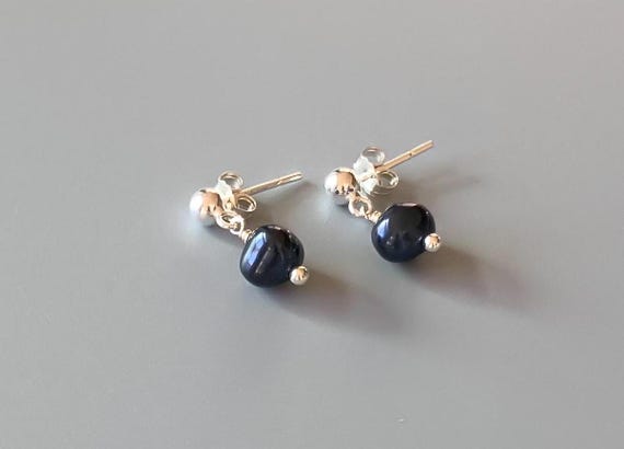 Navy Blue Pearl Stud Earrings – 14k Gold Filled or Sterling Silver Minimalist Everyday Jewelry