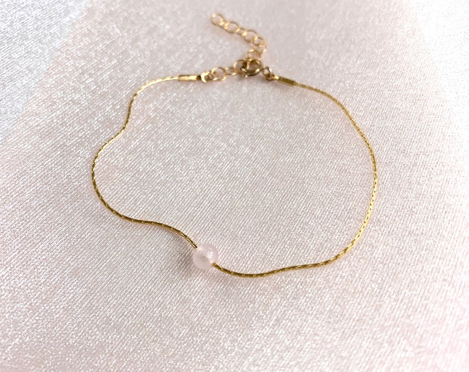 ROSE QUARTZ Dainty Bracelet on Beading Chain, Pink Rose Quartz Bracelet, Delicate Chain Bracelet, 14k Gold Filled or Silver, Christmas Gift