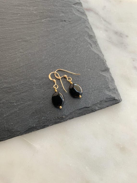 Black Onyx Oval Dangle Earrings – 14k Gold Filled or Sterling Silver – Minimalist Gemstone Jewelry
