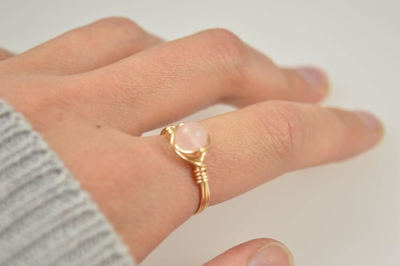Rose Quartz Crystal Wire Ring – 6mm Pink Gemstone – Wire Wrapped Ring in Gold Filled or Sterling Silver